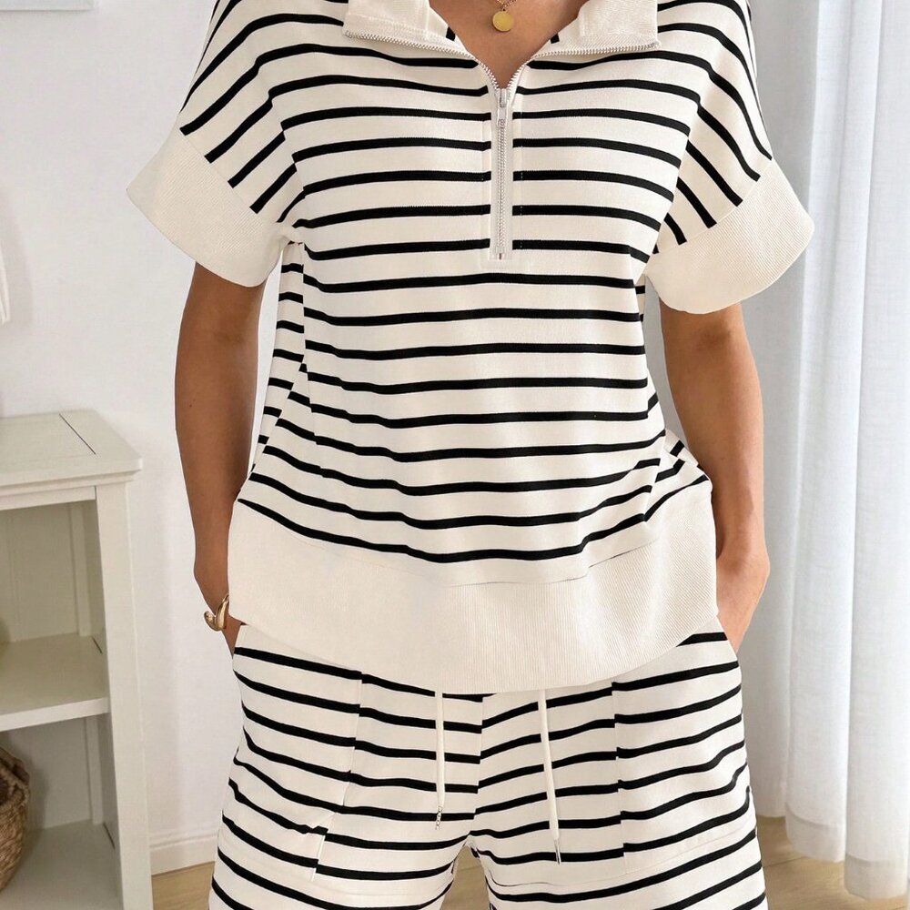 Multicolor Casual Women's Zip-Up Polo Collar Top and Shorts Outfit - Picture 4 of 8